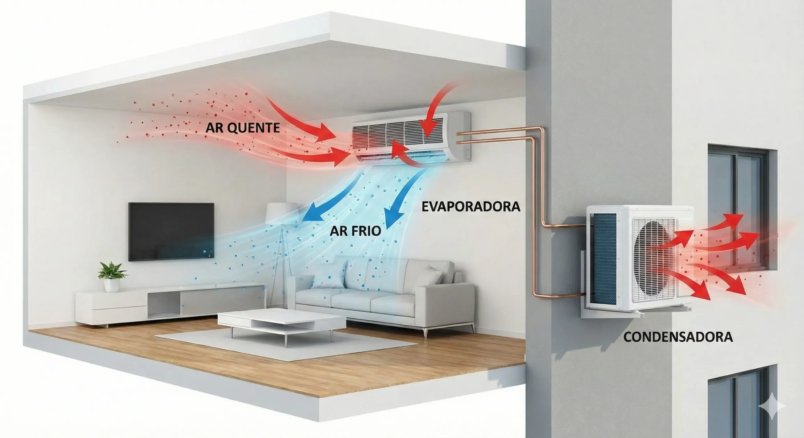 ilustração da troca de ar quente do ambiente com ar-condicionado